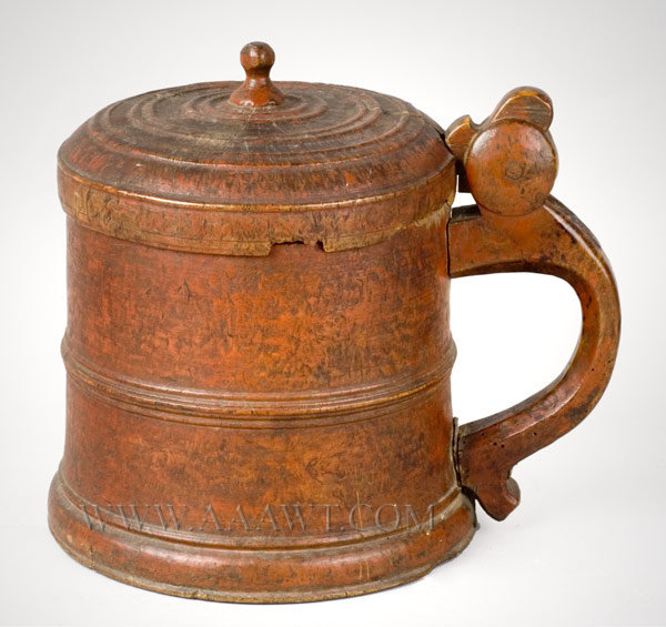 Burl Tankard, Engine Turned and Carved, Old Red Paint
European
Circa 1730, entire view